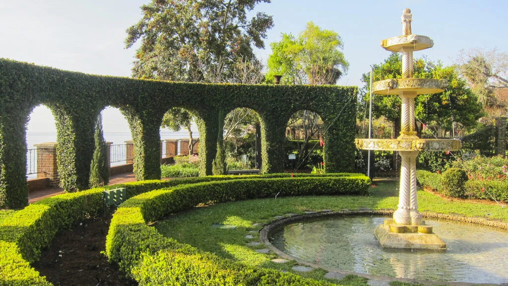 A garden with a water fountain