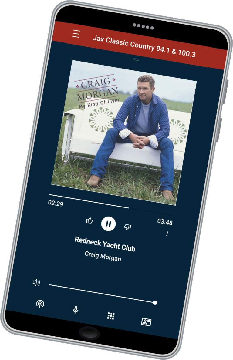 graphic of cell phone with station app full screen showing currently playing data