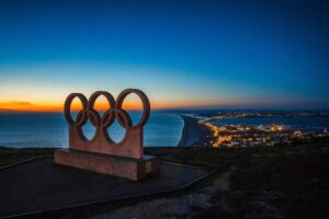 The Olympic rings in the sunset