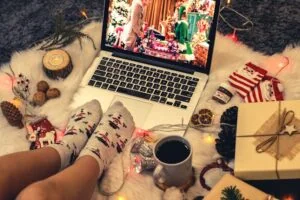 Someone looking cozy watching a Christmas movie